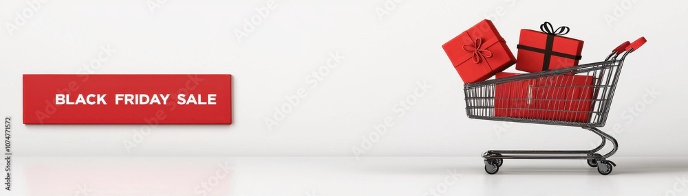 A shopping cart filled with red gifts next to a bold A shopping cart filled with red gifts next to a bold