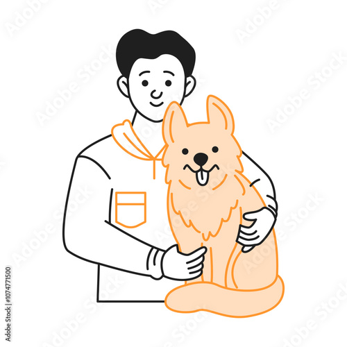 Young man tenderly hugs cute ginger dog color linear icon. Cheerful male pet owner with beloved domestic animal doodle simple illustration