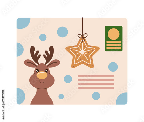 Cute Christmas envelope with reindeer and gingerbread star flat color vector object. Festive holiday greeting card illustration on white