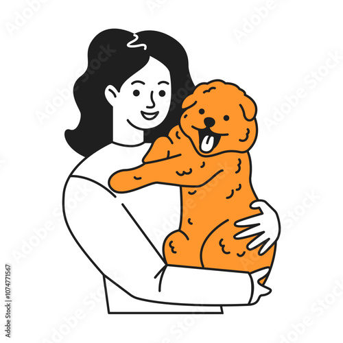 Happy brunette young woman hugs chow-chow dog color linear icon. Lady enjoys tender moment of affection with beloved pet doodle simple illustration