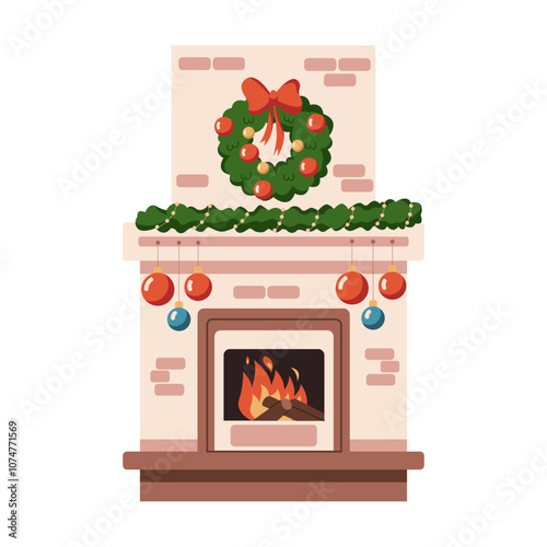 Christmas fireplace decorated with festive garlands wreath and baubles flat color vector object. Warm holiday atmosphere illustration on white background