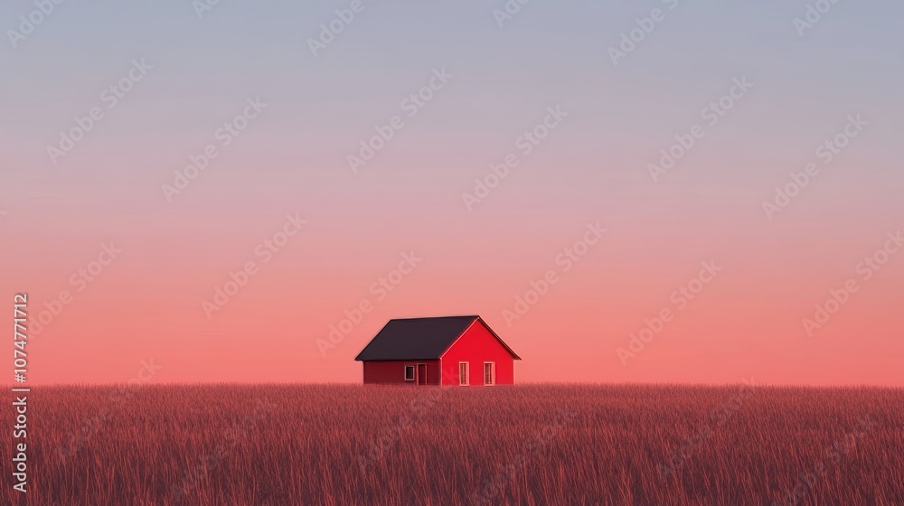 A vivid red cabin stands alone in a field, basking in the warm hues of a tranquil sunset sky.