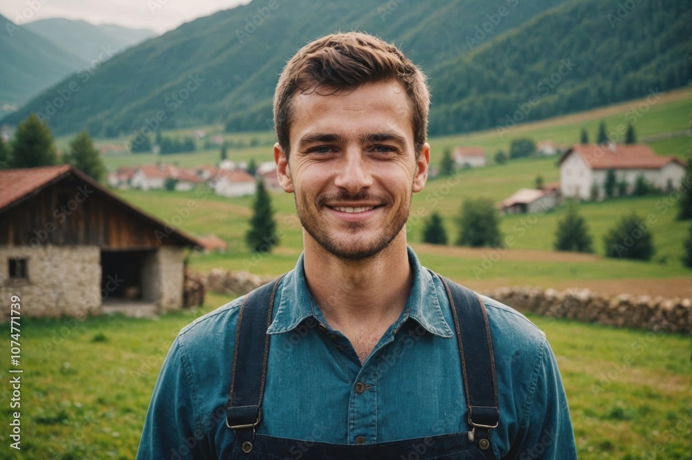Close portrait of a smiling young Bosnian male farmer standing and looking at the camera, outdoors Bosnian rural blurred background Close portrait of a smiling young Bosnian male farmer standing and looking at the camera, outdoors Bosnian rural blurred background