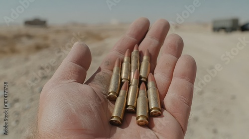 A rugged hand grasps a collection of bullets in a desert setting, evoking themes of survival and the stark contrasts of life in harsh environments. photo