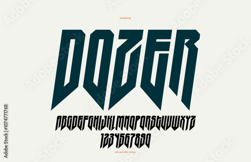 Sharp and bold condensed gothic font for logo creation of for headlines, edgy geometric modern vector italic tall typeface, heavy metal and hard rock style alphabet with numbers.