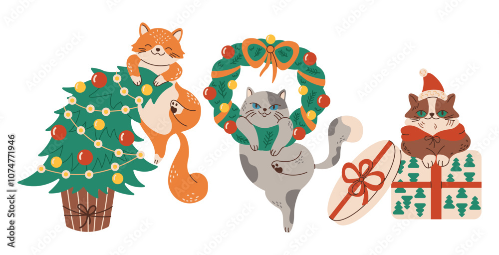Naklejka premium Funny cats during Christmas holidays flat color vector characters set. Playful pets with festive decor illustrations bundle on white background