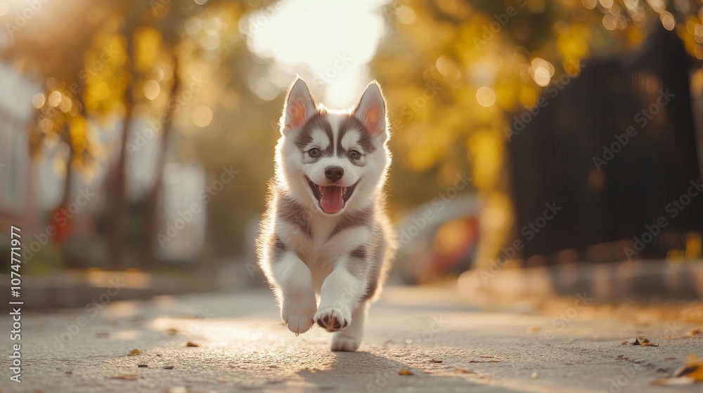 A joyful husky puppy runs toward the camera on a sunlit path, framed by golden autumn foliage in the background. A joyful husky puppy runs toward the camera on a sunlit path, framed by golden autumn foliage in the background.