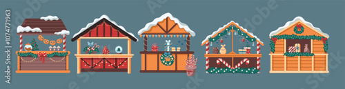 Vintage winter fair stalls flat color vector objects set. Collection of kiosks for Christmas market illustrations on green background