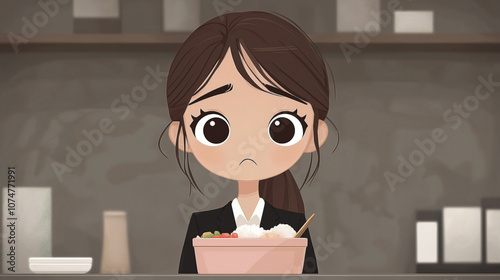 Highly stressed and depressed Asian businesswoman having lunch with a pink Japanese bento box, drawn in flat vector style photo