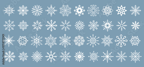 Simple snowflakes creating winter festive atmosphere white linear icons collection. Beauty of unique ice crystals objects set on blue background