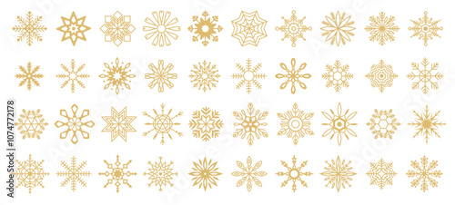 Golden snowflakes winter festive pattern linear icons collection. Christmas and new year decorations objects set on white background