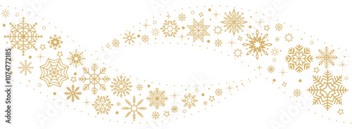 Golden snowflakes wavy frame flat color vector composition. Winter holidays and Christmas season illustration on white background
