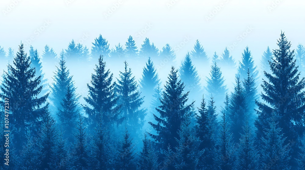 Serene Misty Forest Landscape with Evergreen Trees in Shades of Blue, Capturing Tranquility and Natural Beauty in Early Morning Light Serene Misty Forest Landscape with Evergreen Trees in Shades of Blue, Capturing Tranquility and Natural Beauty in Early Morning Light