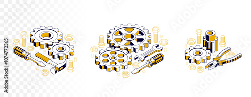 Repair and maintenance concept set, technics service, gears and tools in 3D isometric projection vector illustration, technical mechanical workshop.