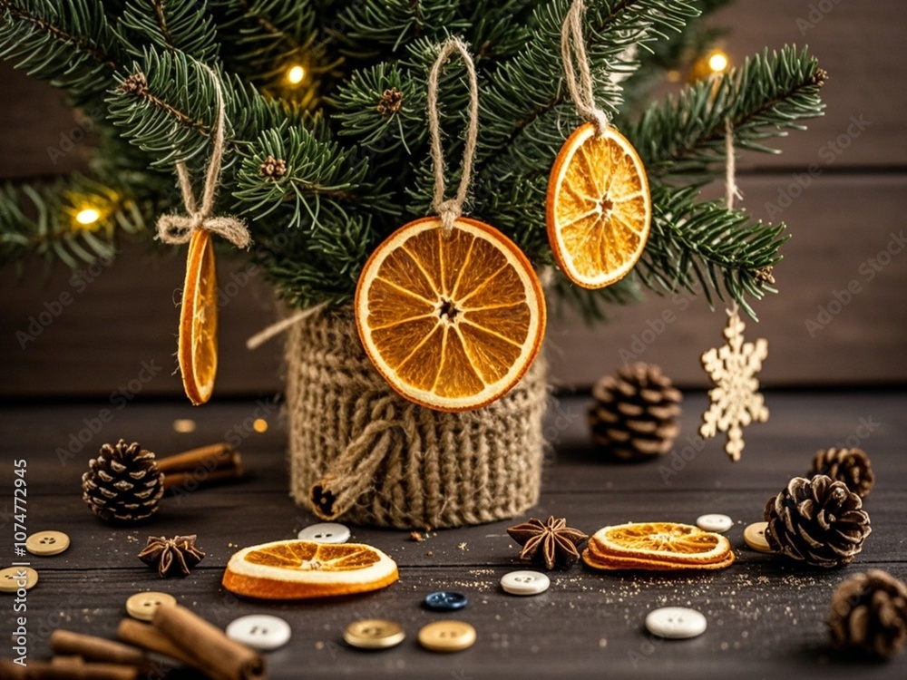 Natural decoration made of dry orange slices on Christmas tree. Diy Christmas food decoration. Environment, recycle, reuse and zero waste concept.