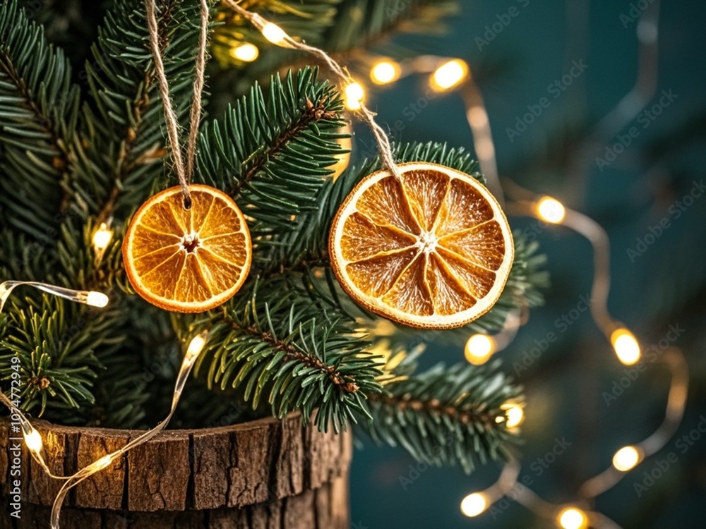 Natural decoration made of dry orange slices on Christmas tree. Diy Christmas food decoration. Environment, recycle, reuse and zero waste concept.