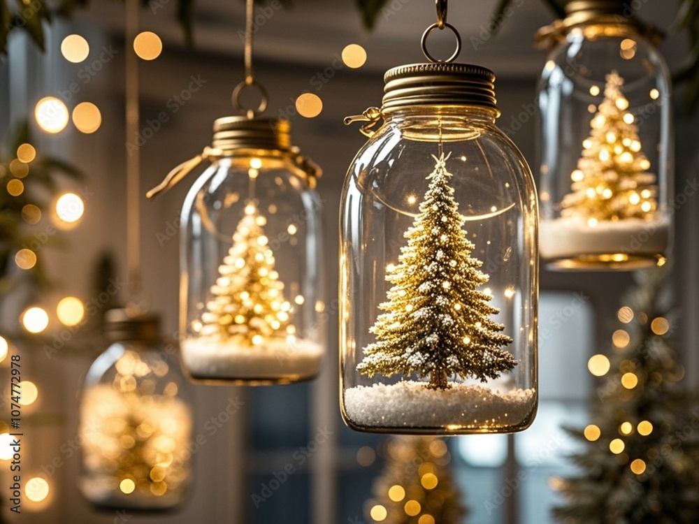 Elegant Christmas tree in glass jar with bokeh lights background, copy space. Christmas and new year concept.
