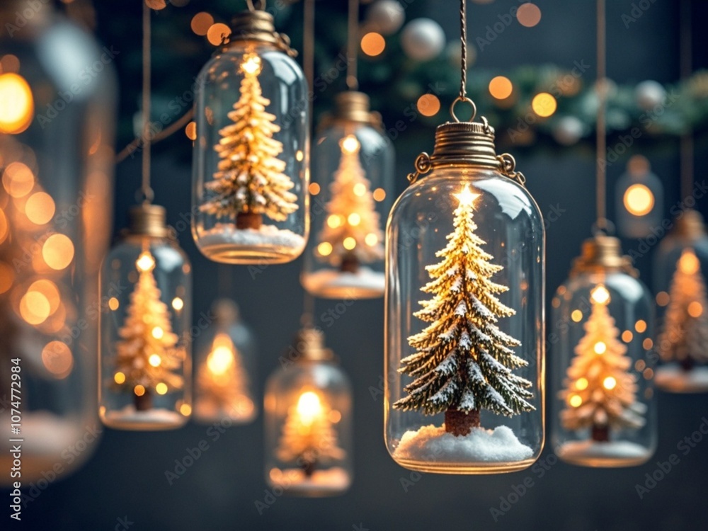 Elegant Christmas tree in glass jar with bokeh lights background, copy space. Christmas and new year concept.