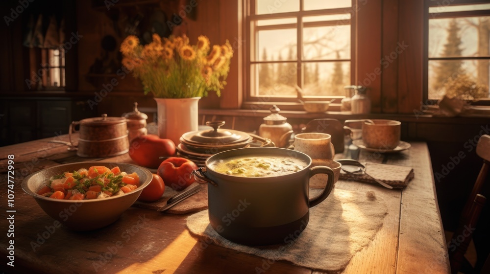 Cozy Cabin Kitchen with Warm Lighting and Homemade Soup Cozy Cabin Kitchen with Warm Lighting and Homemade Soup