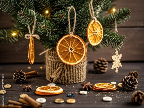 Obraz na płótnie Natural decoration made of dry orange slices on Christmas tree. Diy Christmas food decoration. Environment, recycle, reuse and zero waste concept. w salonie