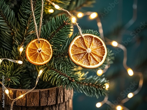 Obraz na płótnie Natural decoration made of dry orange slices on Christmas tree. Diy Christmas food decoration. Environment, recycle, reuse and zero waste concept. w salonie