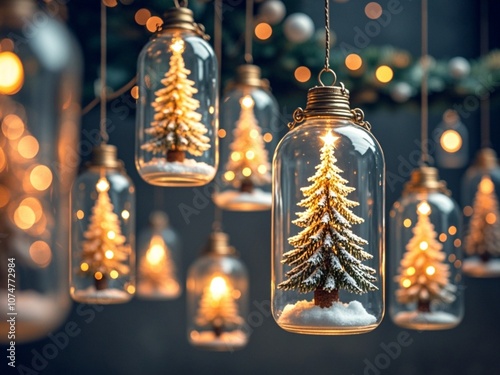 Obraz na płótnie Elegant Christmas tree in glass jar with bokeh lights background, copy space. Christmas and new year concept. w salonie