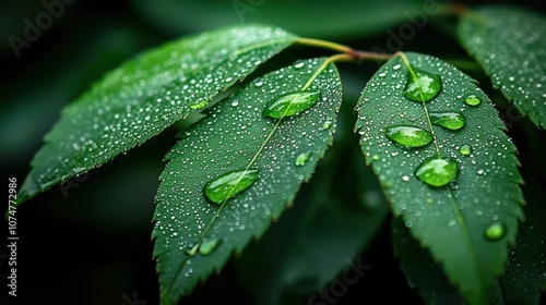 Close-up of green leaves with raindrops, showcasing nature's beautiful details.
