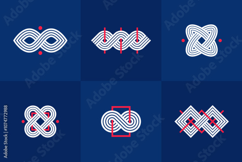 Graphic design elements for logo creation, intertwined lines vintage style icons collection, abstract geometric linear symbols vector set.