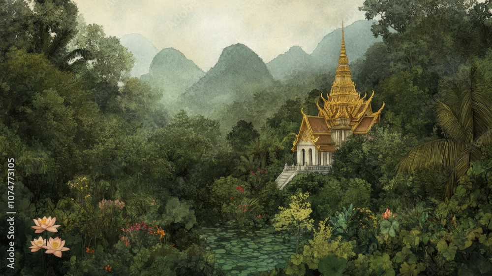 Mystical temple in lush green jungle with serene lotus pond and misty mountains