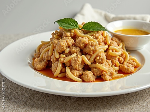 A generous serving of tender pasta is accompanied by savory meatballs, garnished with fresh herbs and paired with a vibrant dipping sauce