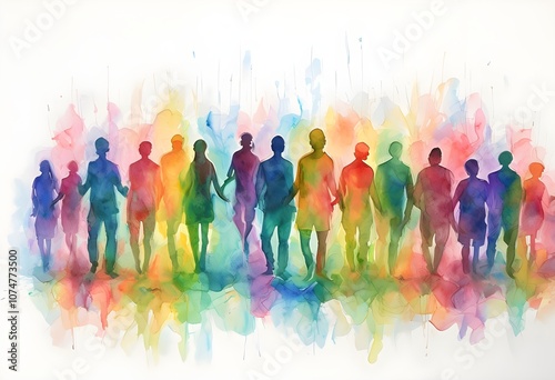 A colorful, watercolor painting depicting different religions, different cultures, and every diversity of people.