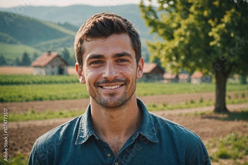 Close portrait of a smiling young Bulgarian male farmer standing and looking at the camera, outdoors Bulgarian rural blurred background