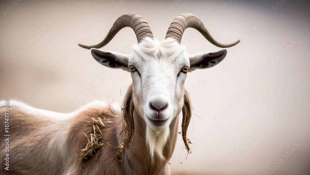 A goat with long horns and a white face is staring at the camera A goat with long horns and a white face is staring at the camera