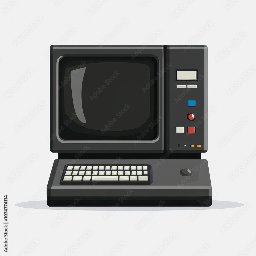 This illustration features a retro computer icon set on a clean white background, perfect for technology-related designs or vintage themes.