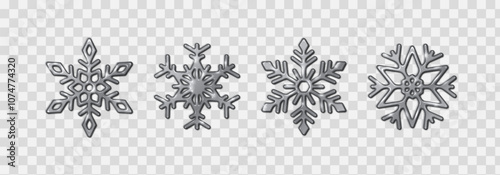 Glossy silver snowflakes detailed shapes realistic color icons set. Beautiful Christmas decoration 3d objects on transparent background