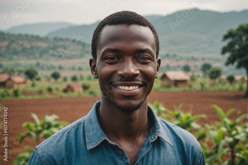 Close portrait of a smiling young Burundian male farmer standing and looking at the camera, outdoors Burundian rural blurred background