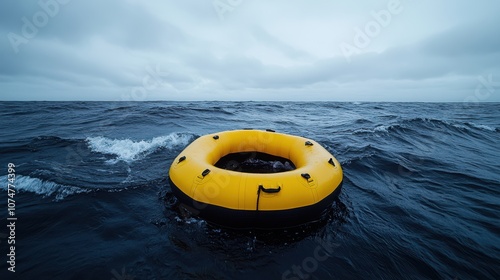 A yellow raft drifts alone on rough seas under a cloudy sky, symbolizing resilience and solitude amid nature's vast, moody expanse. photo