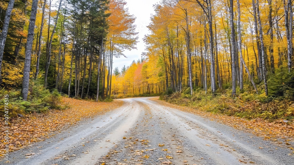 Obraz premium Golden Autumn Pathway Lined with Vibrant Maple Trees.Concept of autumn, seasonal change, tranquility, nature, path, forest, maple trees, nature, hiking, outdoor activities.