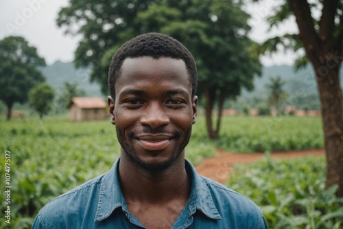 Close portrait of a smiling young Cameroonian male farmer standing and looking at the camera, outdoors Cameroonian rural blurred background