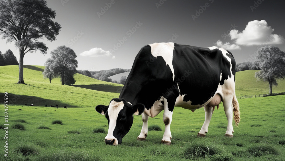 A beautiful black and white cow grazes peacefully in a lush green field surrounded by a serene pastoral landscape. Farming concept
