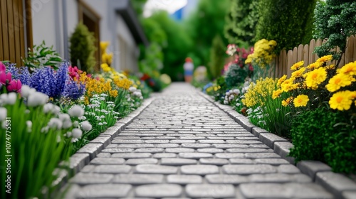 Outdoor Scene of a Small Garden with Cobblestone Paths