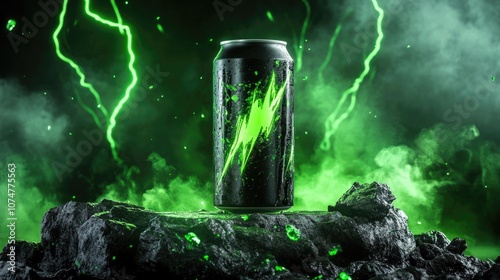 Aluminum can of energy drinks, aluminum can standing on a rock, green lightning bolts