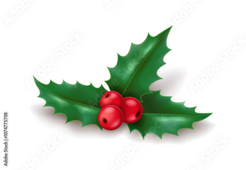 Festive holly branch with red berries and green leaves realistic vector illustration. Christmas celebration decorative plant 3d object on white background