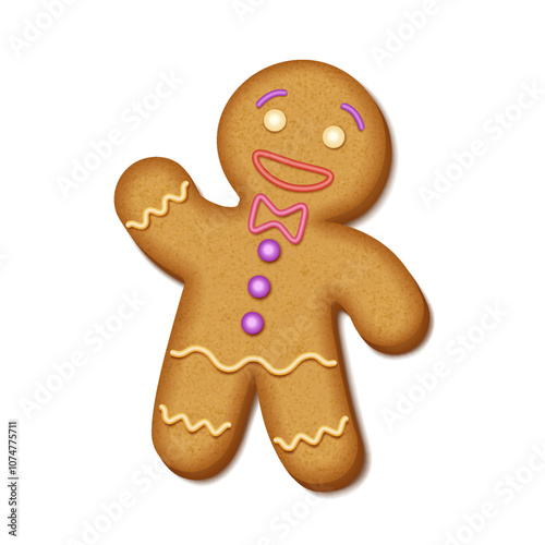 Gingerbread man with buttons and bow tie waving realistic vector illustration. Christmas holiday baking traditions 3d character on white