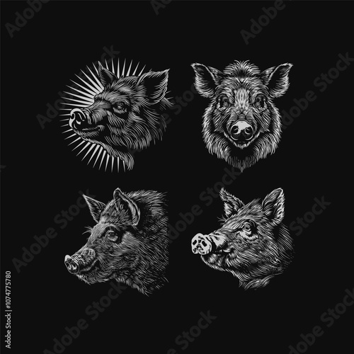 Engraving wild boar logo design vector vintage