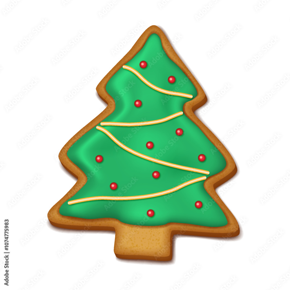 Festive gingerbread cookie Christmas tree realistic vector illustration. Biscuit adding holiday joy to celebrations 3d object on white background