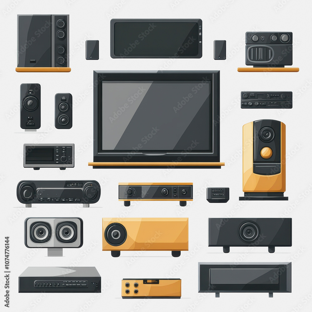 Obraz premium A vibrant collection of modern home theater system components, featuring a variety of speakers, screens, and devices arranged aesthetically. Perfect for tech enthusiasts.