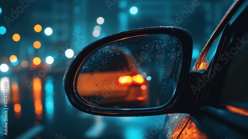 Rainy Night Cityscape Reflection in Rearview Mirror