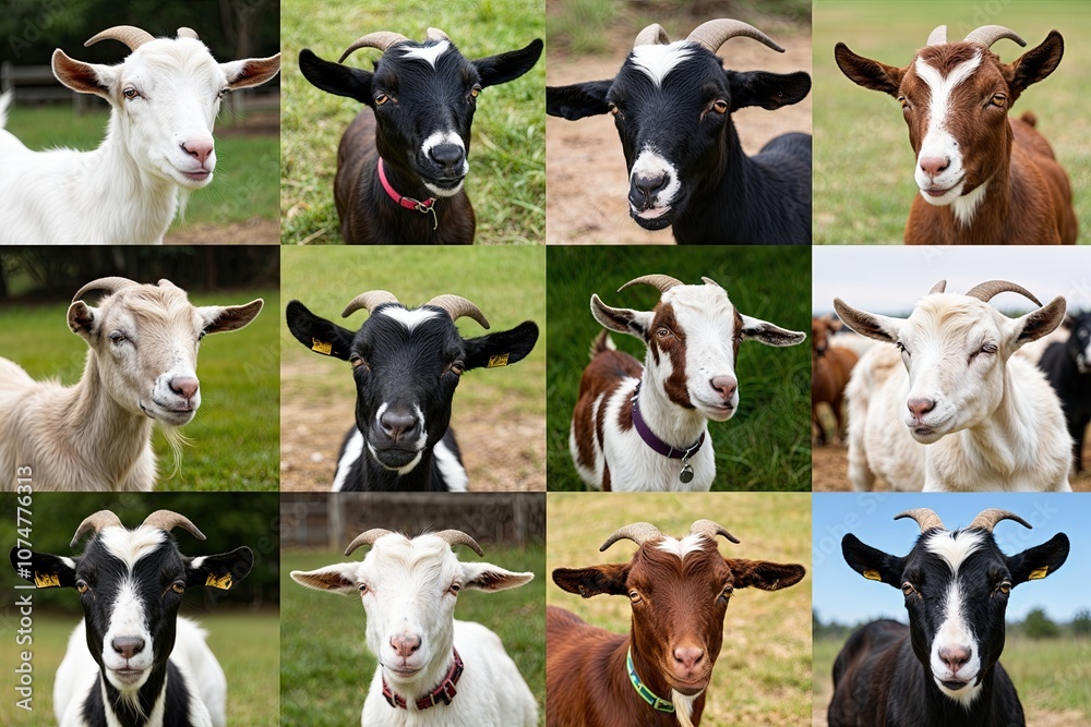 Diverse Group of Goats in an Adoption Exhibition Showcasing Varied Breeds, Sizes, and Temperaments Diverse Group of Goats in an Adoption Exhibition Showcasing Varied Breeds, Sizes, and Temperaments
