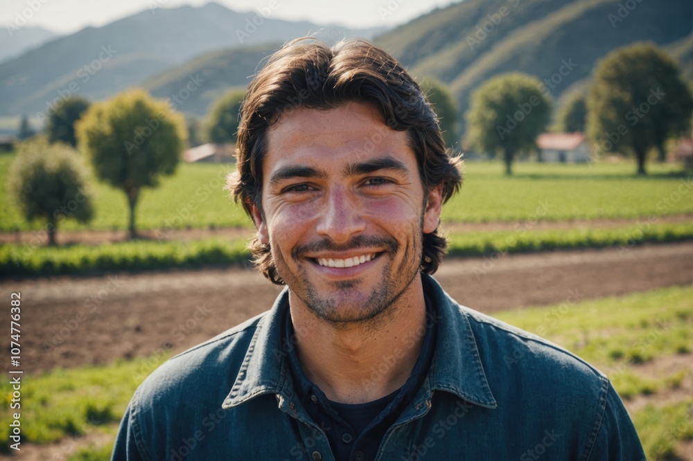 Close portrait of a smiling young Chilean male farmer standing and looking at the camera, outdoors Chilean rural blurred background Close portrait of a smiling young Chilean male farmer standing and looking at the camera, outdoors Chilean rural blurred background